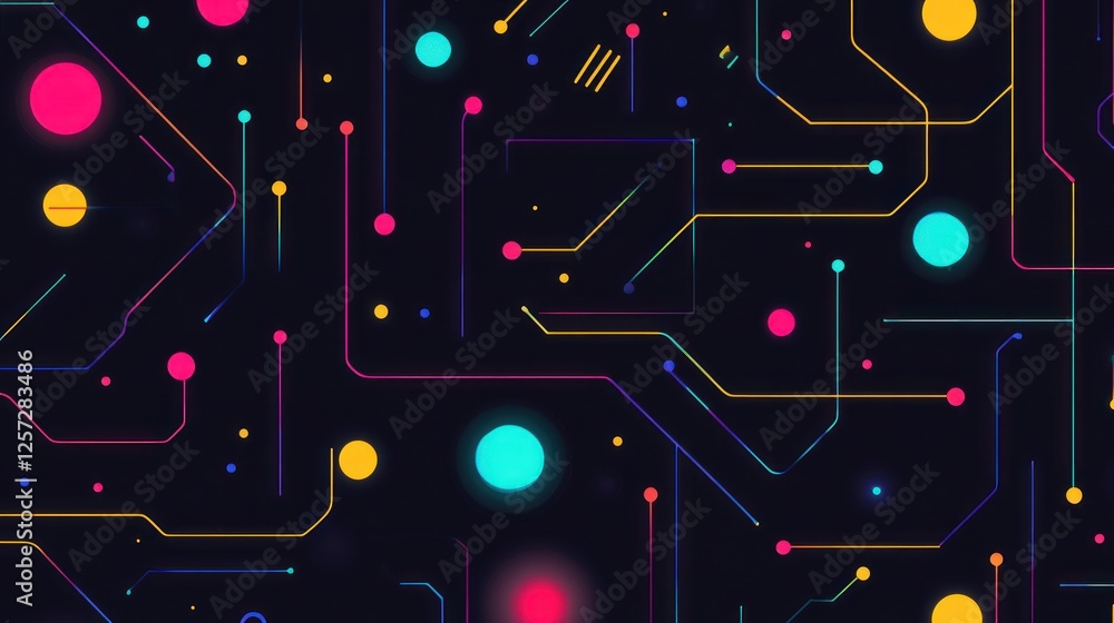 Poster Abstract colorful neon circuit board pattern on a dark background
