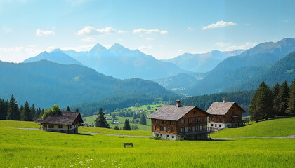 Obraz premium Charming village in beautiful mountains with vibrant green landscape