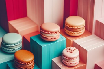Fototapeta premium A delightful arrangement of colorful macarons displayed on pastel geometric blocks, creating a visually stunning food photography image.