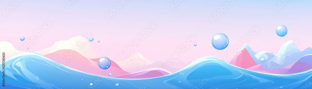 Poster water waves and floating bubbles with mountains in the background