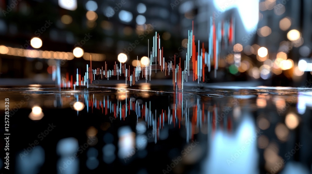 Poster :digital financial chart with sparkling lines and data visualization on a dark background