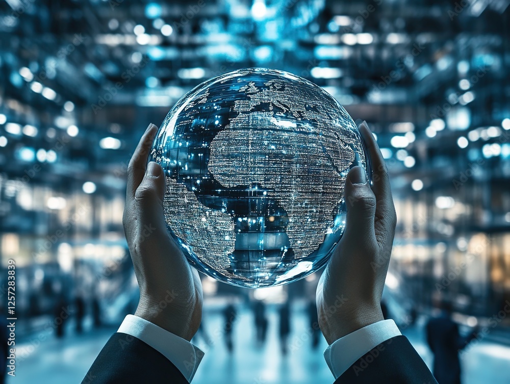 Poster global network: hands hold illuminated earth representing interconnection and digital transformation
