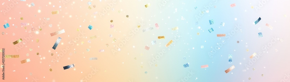 Poster colorful confetti and sparkling dust float on a pastel gradient