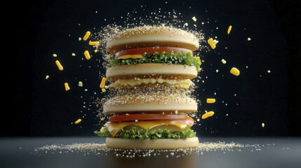 visually striking image of stacked burger with vibrant ingredients and toppings, creating dynamic and appetizing scene