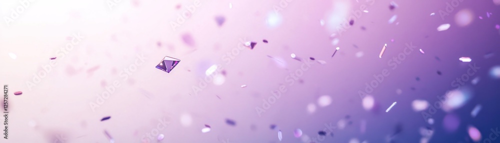 Poster sparkling purple confetti falling against a blurred gradient background