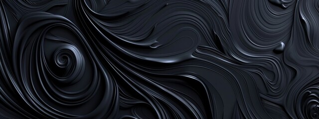 Abstract black swirls and waves on a dark background. Geometric design for banner template with white space in the center for text. Minimalist wallpaper with copy space.
