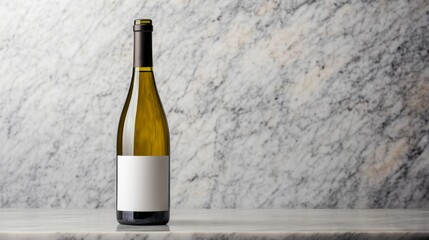 A tall, elegant bottle of white wine is showcased on a sleek marble counter, illuminated by gentle, diffused lighting highlighting its blank label