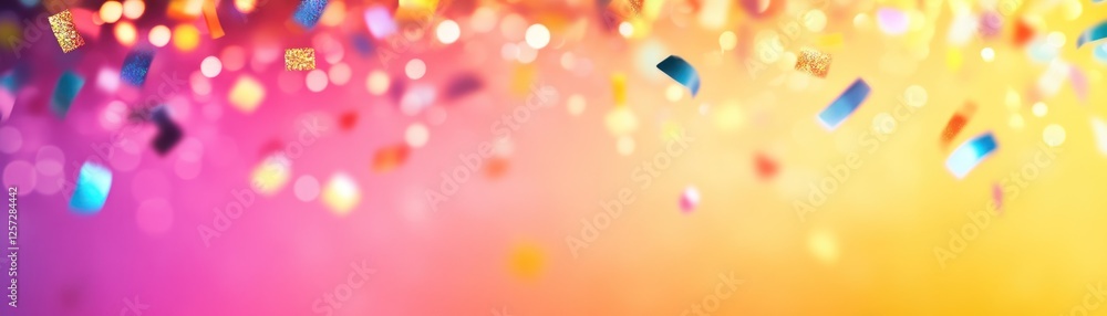 Poster colorful confetti falling on a vibrant blurred background of bokeh