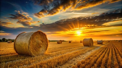 Dramatic hay bale silhouettes against a vibrant sunset, perfect rural landscape PNG background.