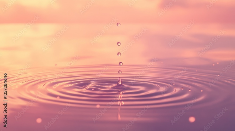 Poster water droplets falling into water creating ripples and reflections