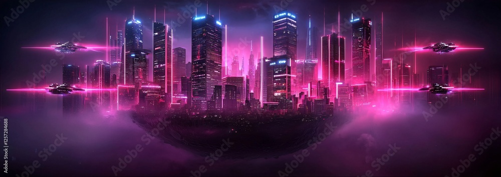 Poster a futuristic metropolis built into a massive asteroid, illuminated with neon lights, hovering transp