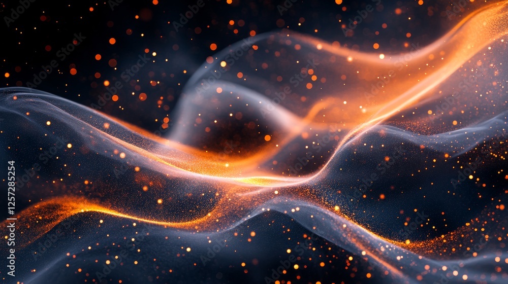 Poster flowing particles create a wave pattern with lighting effects