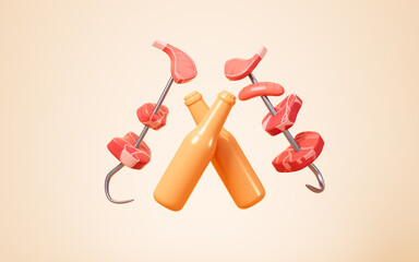 Cartoon beer and barbecue with orange background, 3d rendering.