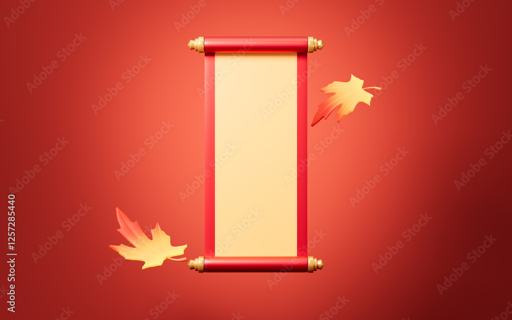 Poster chinese style empty scroll and golden maple leaves, 3d rendering.