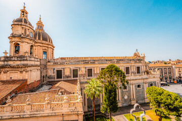 Obraz premium View fom Chiesa della Badia di Sant'Agata on Cathedral Sant Agata on Piazza del Duomo with Elephant Fountain. in Catania, Sicily, Italy.
