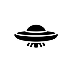 Unidentified Flying Object Icon: A simple, bold black silhouette of a classic flying saucer, perfect for illustrating science fiction, extraterrestrial concepts, or mysterious phenomena.  