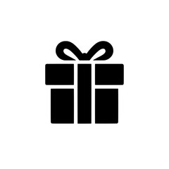 Gift Box Icon: A minimalist, solid black icon of a gift box with a ribbon, perfect for web design, app interfaces, and social media. It conveys celebration, surprise, and gifting. 