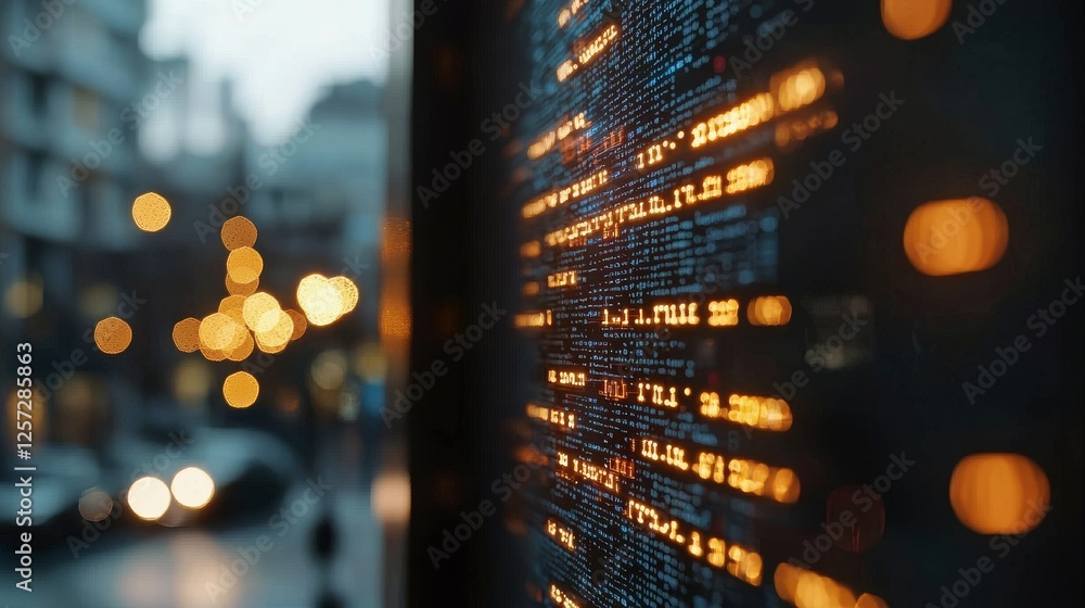 Poster a dynamic display of digital data streams, featuring blue and orange hues set against a dark backdro