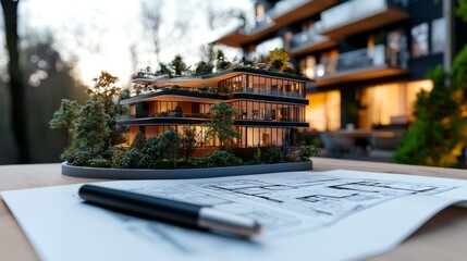 Dream Home Blueprint: A miniature model of a modern suburban house perched on a detailed blueprint, illustrating the architectural vision and meticulous planning behind crafting a dream home