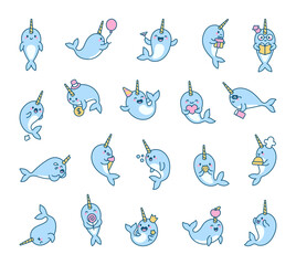 Narwhal character set with adorable cartoon emotions and fun activities, featuring business, celebration, magic, reading, gifts, heartwarming moments © palau83