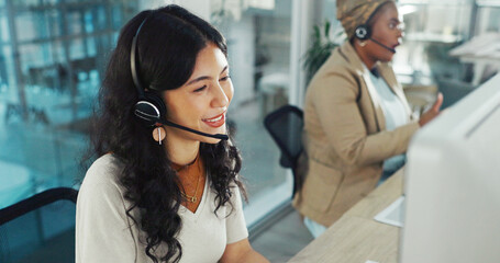 Call center, telemarketing and smile with woman in office for flight booking, customer support and...