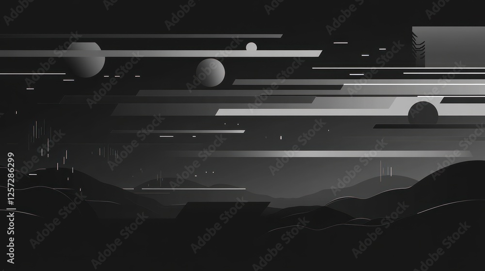 Poster abstract landscape of hills and floating shapes in monochrome