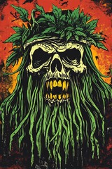 Ghoulish Skull with Green Vines and Leaves