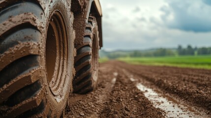 A close-up of muddy tractor tires on a farm road, showcasing the rugged texture and agricultural setting under a cloudy sky.