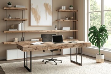 A modern home office with natural light, wooden tables, minimalist bookshelves and potting monsters, featuring abstract wall art in beige and white color schemes