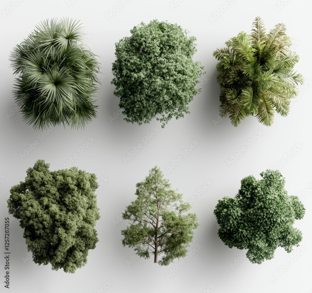 Poster a set of trees depicted from a top-down perspective, 3d illustration suitable for digital compositio