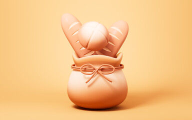 Cartoon kinds of breads in the flour bag with yellow background, 3d rendering.