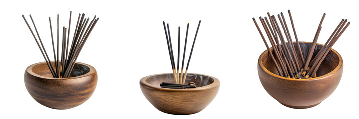 Set of Close-up of agarbatti incense sticks burning gently in a ceramic holder, with soft smoke rising in a warm, rustic Indian temple setting on transparent png background. Ai generated