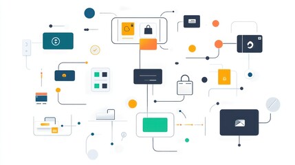 Abstract representation of a connected system with various icons
