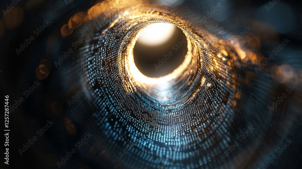 Poster a futuristic image depicting a tunnel of luminous blue data streams converging towards a bright cent