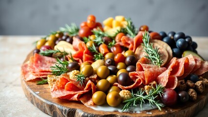 Assortment of gourmet charcuterie platters, showcasing a variety of cured meats such, artfully arranged with an abundance of olives, fresh herbs like rosemary and thyme, grapes and figs.