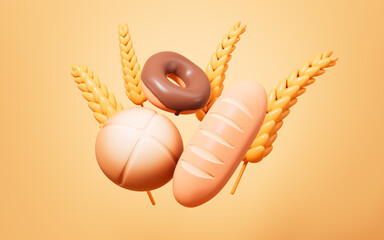 Golden wheat and breads in the yellow background, 3d rendering.