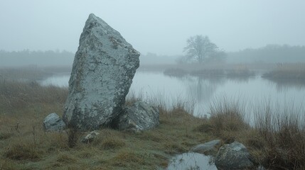 Misty morning, large rock, tranquil pond, tranquil nature scene. Possible use Background for peaceful, serene, and calm themed products