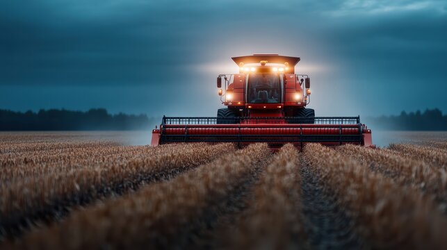 A combine harvester in a field at dusk, illuminated by its headlights, ready for harvest under a moody sky.