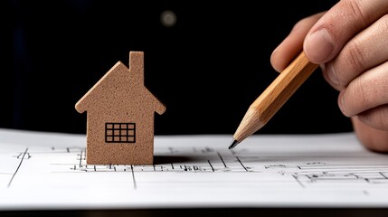 Model House on Architectural Blueprints with Hand Holding Pencil