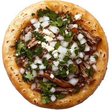 A beautifully illustrated Mexican sope featuring slow-cooked pork carnitas, diced onions, cilantro, transparent background, PNG