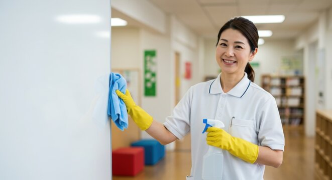 Smiling asian woman cleaning classroom whiteboard with spray and cloth in school environment