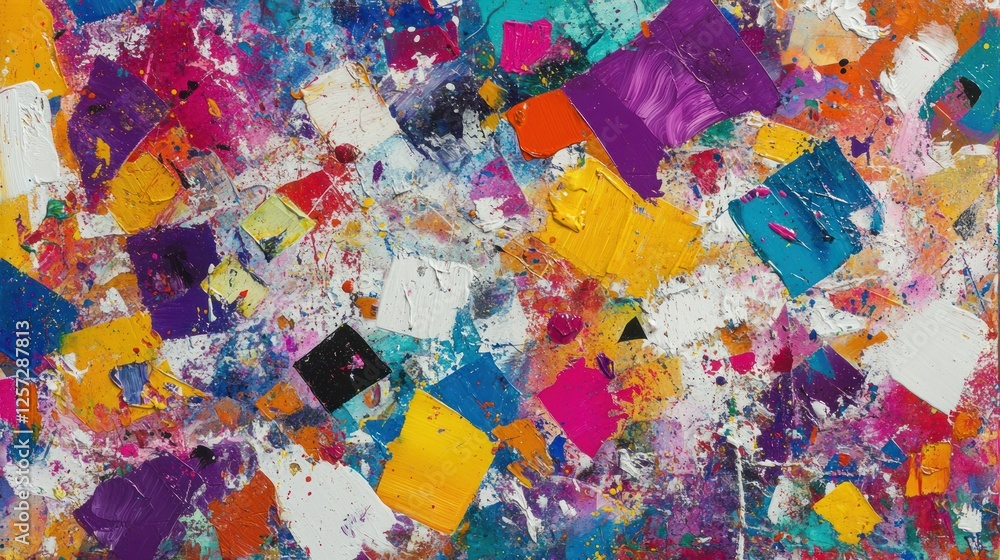 Poster abstract painting featuring squares with vibrant and splattered color application