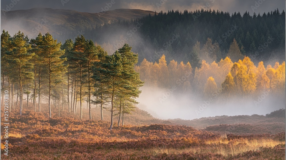 Poster misty autumn landscape with trees in the foreground