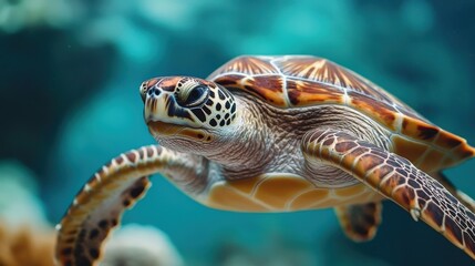 Fototapeta premium A beautiful sea turtle gliding gracefully through the vibrant underwater world, showcasing its intricate shell patterns and serene presence.