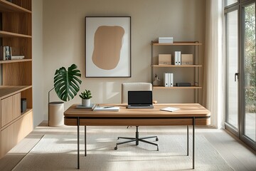 A modern home office with natural light, wooden tables, minimalist bookshelves and potting monsters, featuring abstract wall art in beige and white color schemes