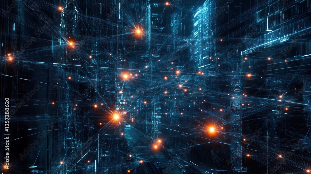 Aufkleber Abstract digital network with illuminated nodes creating a cityscape