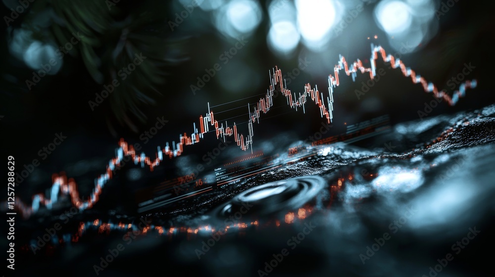Poster abstract digital data visualization featuring red and blue glowing lines and dots, symbolizing finan