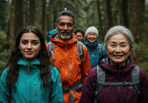 Diverse group hiking in forest: seniors and young adults enjoying nature adventure