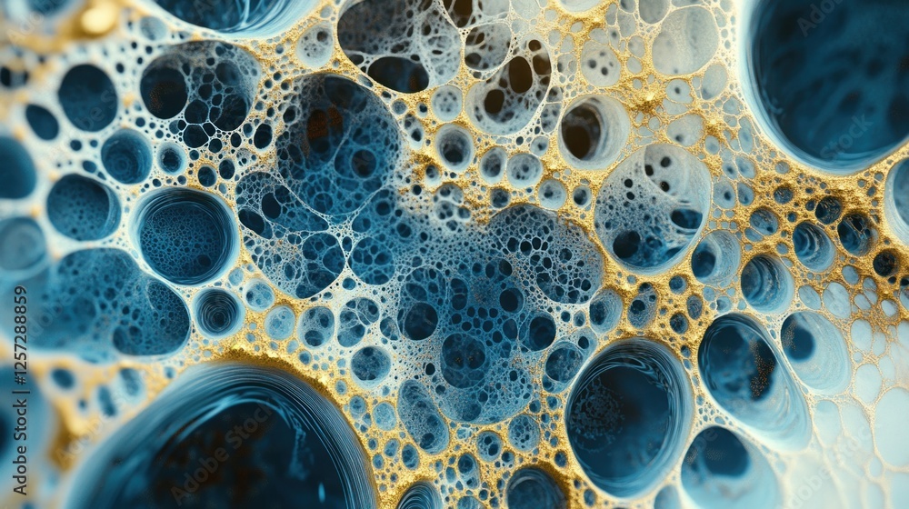 Poster intricate network of blue and white cells with golden outlines