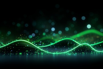 A vibrant abstract design with flowing, neon green waves on a dark background